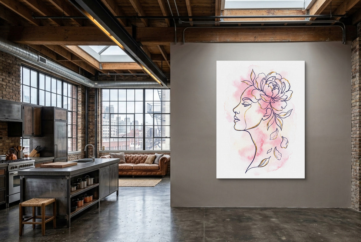 Woman Golden Peony — woman golden peony kitchen interior with island 1port flush print