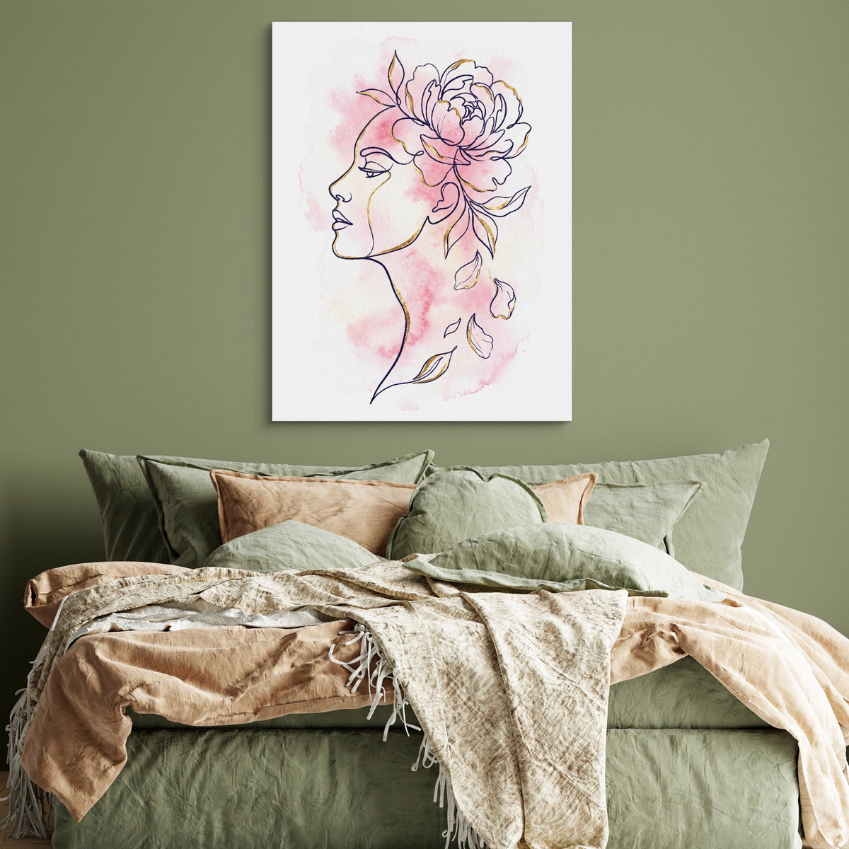 Woman Golden Peony — woman golden peony sq green bedroom 1port flush print
