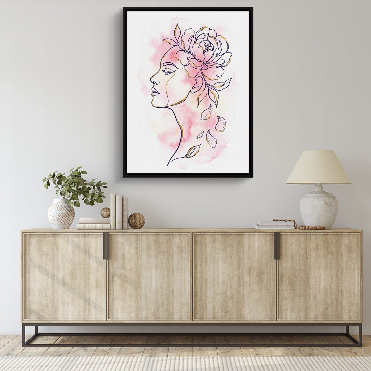 Woman Golden Peony — woman golden peony sq living room desk 1port framed black