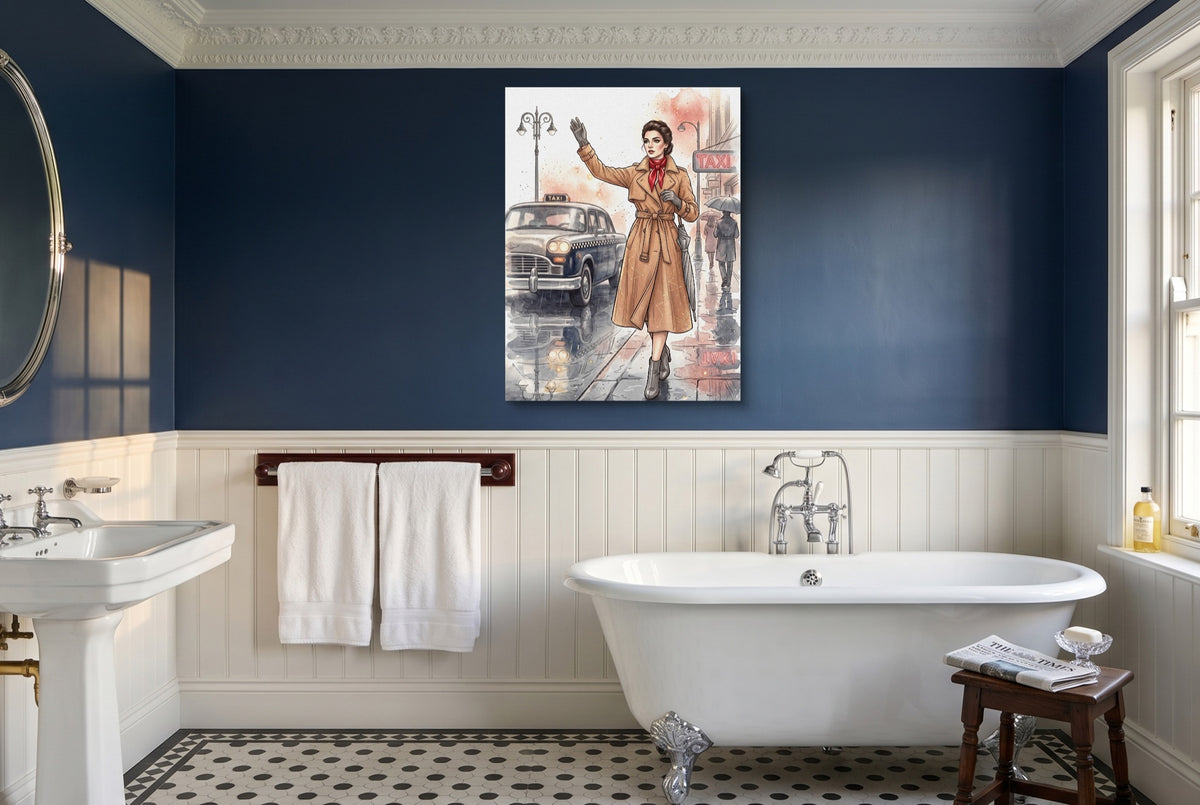 Woman Hails Taxi — woman hails taxi small bathroom interior 2 1port flush print