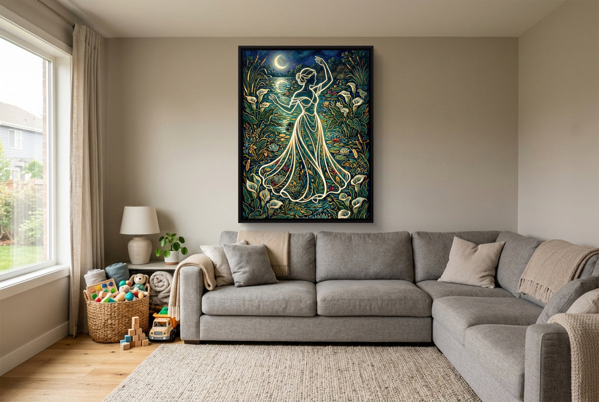 Woman Moonlit Dance — woman moonlit dance living room with sectional sofa 1port framed black