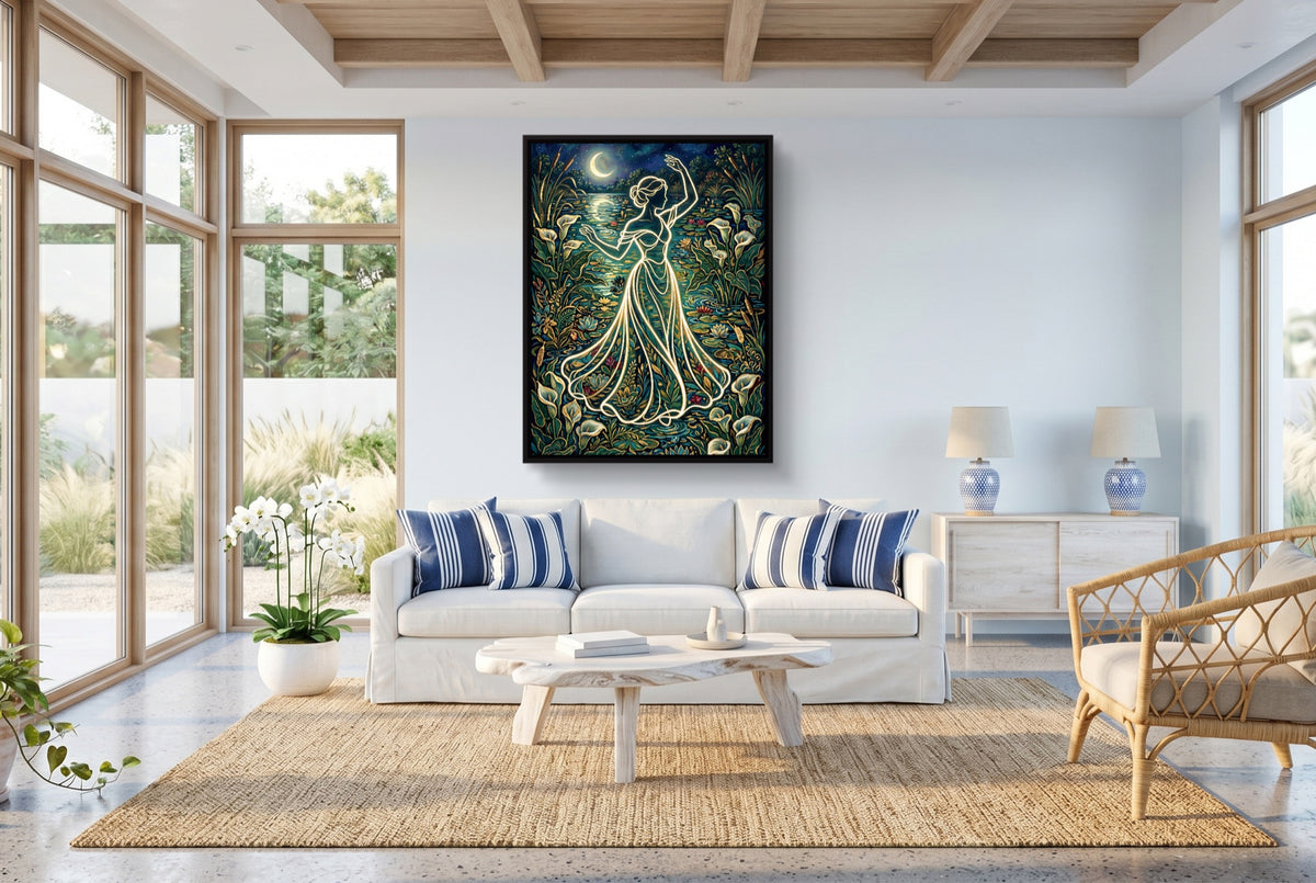 Woman Moonlit Dance — woman moonlit dance living room with windows 1port framed black