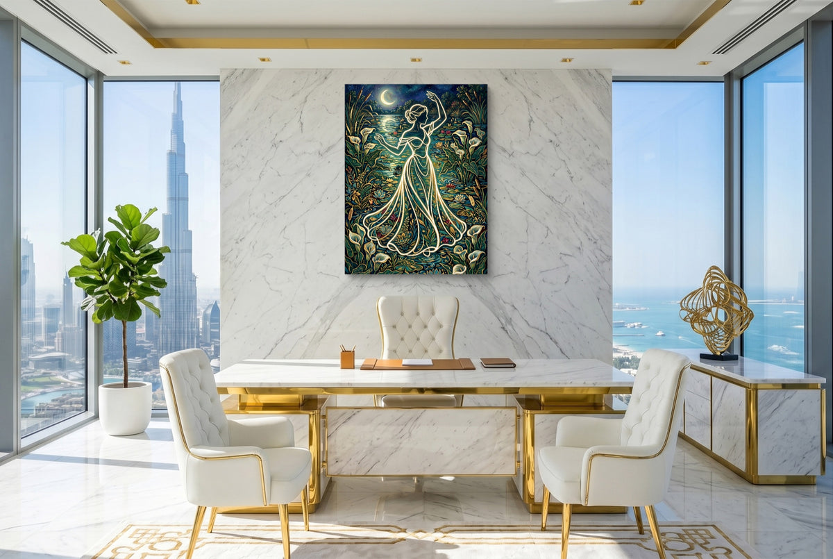 Woman Moonlit Dance — woman moonlit dance office with city view 2 1port flush print