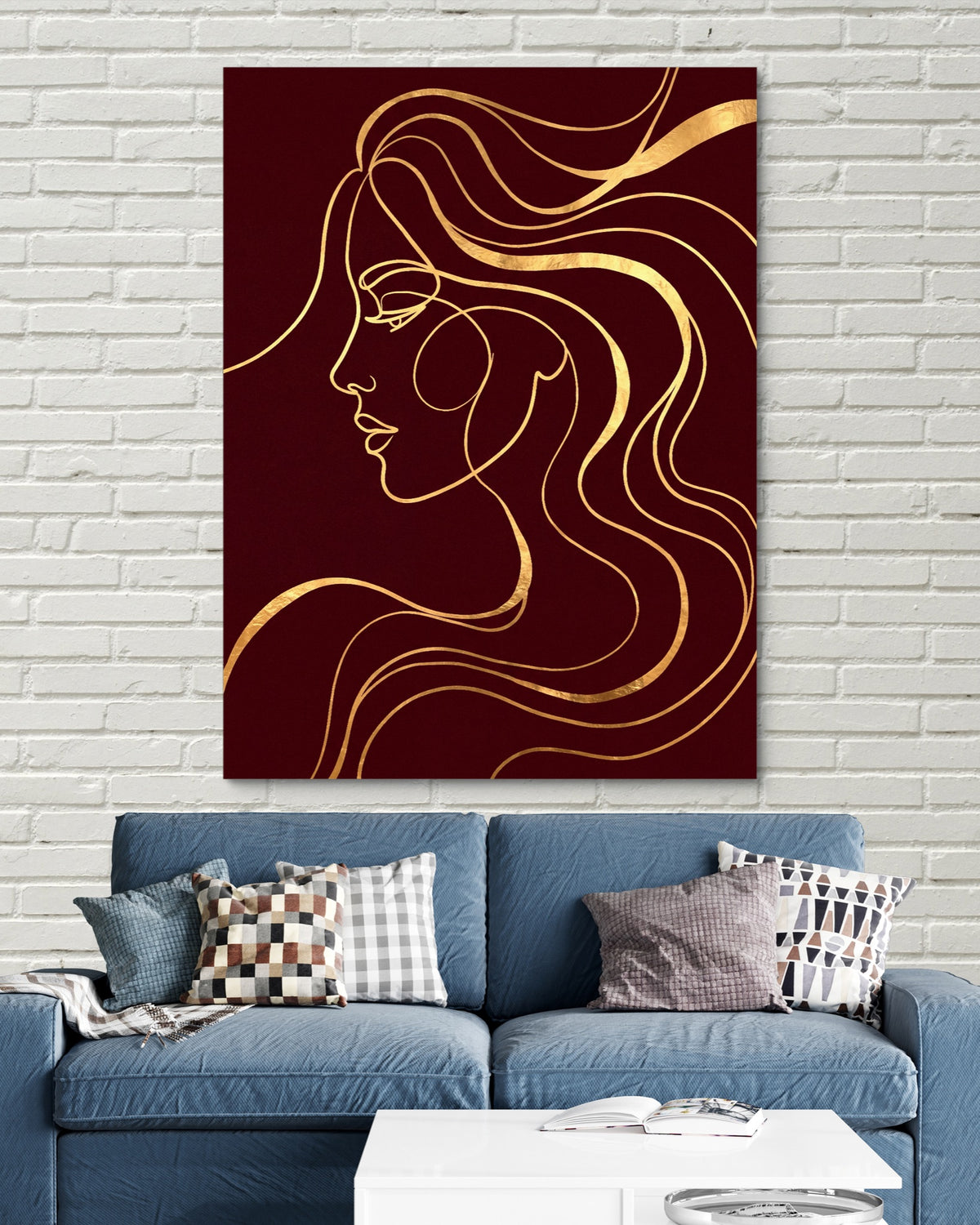 Woman Profile Gold — woman profile gold psd white bricks blue couch 1port flush print