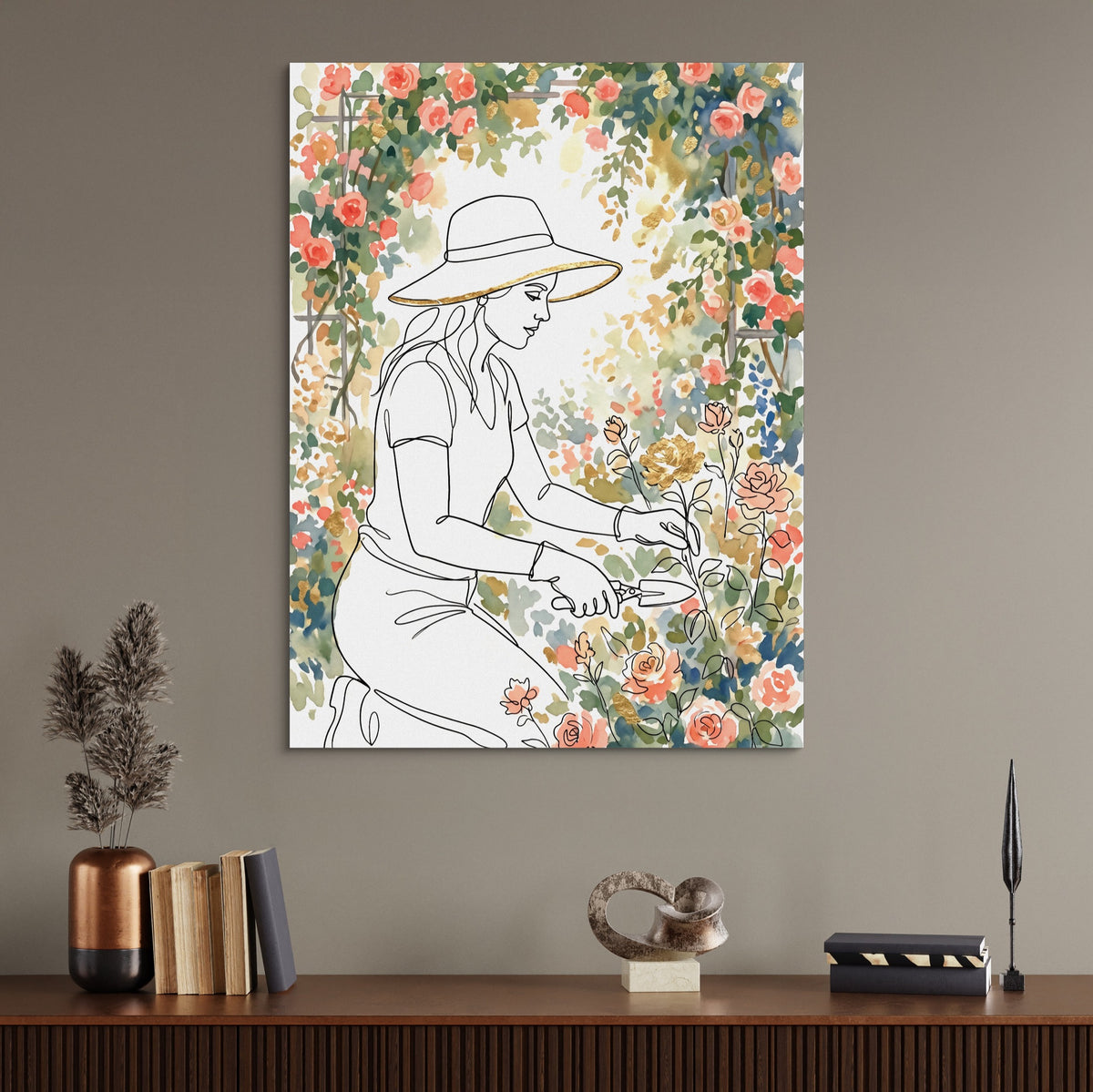 Woman Pruning Roses — woman pruning roses sq office desk wall 1port flush print