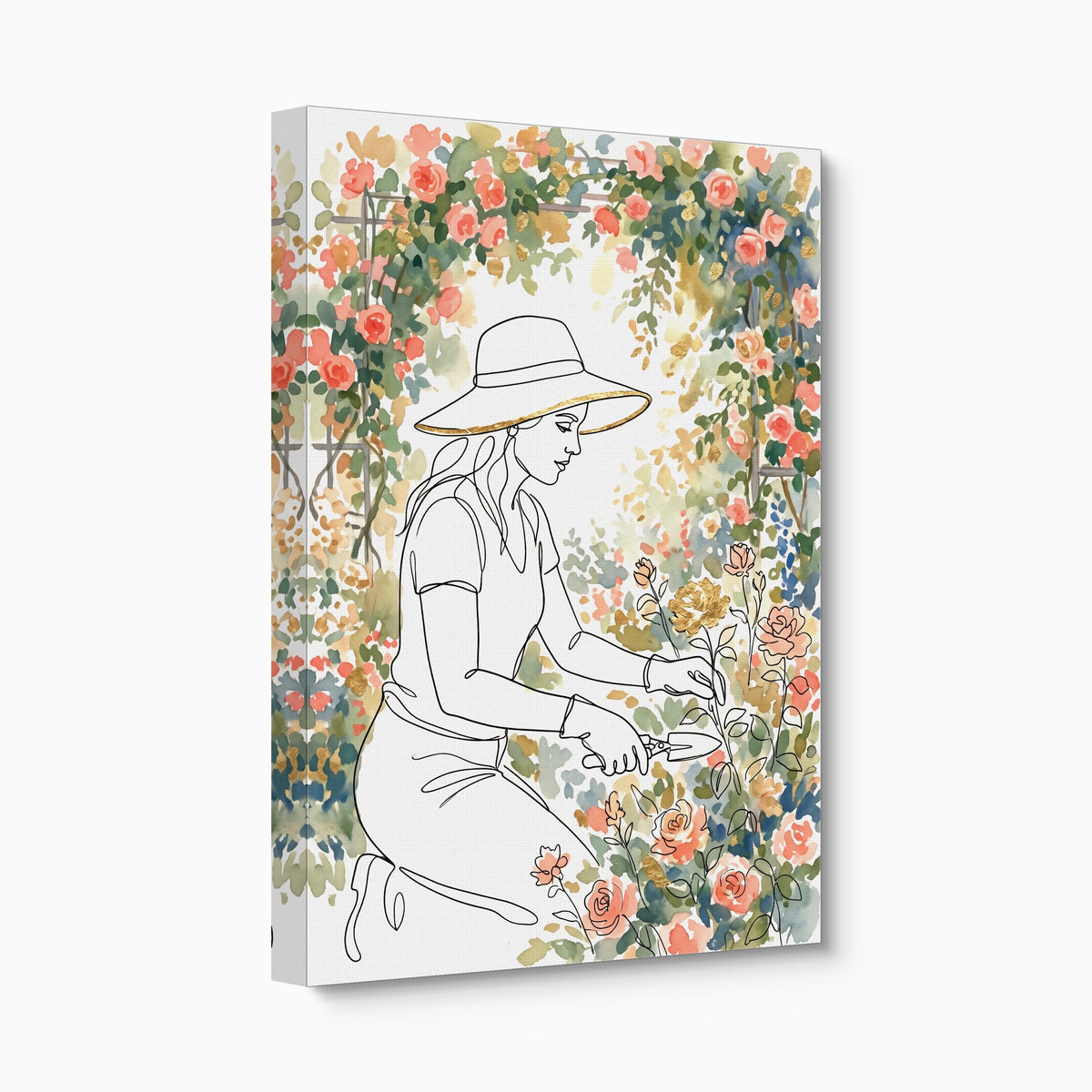Woman Pruning Roses — woman pruning roses angled flush print