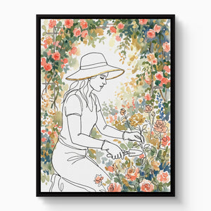 Woman Pruning Roses — woman pruning roses white studio framed black