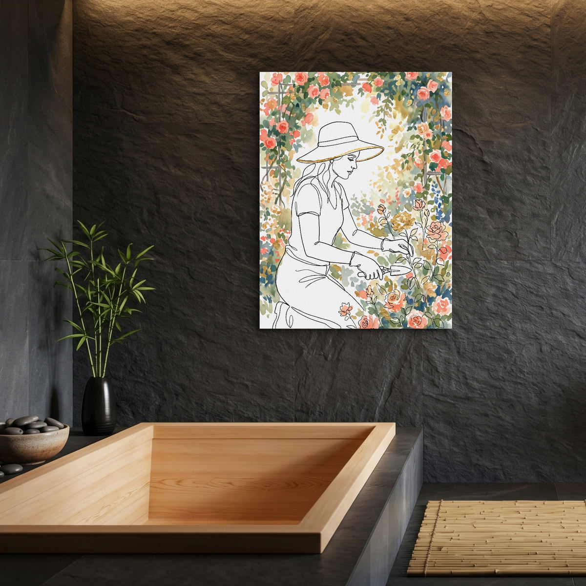 Woman Pruning Roses — woman pruning roses sq bamboo bathroom 1port flush print