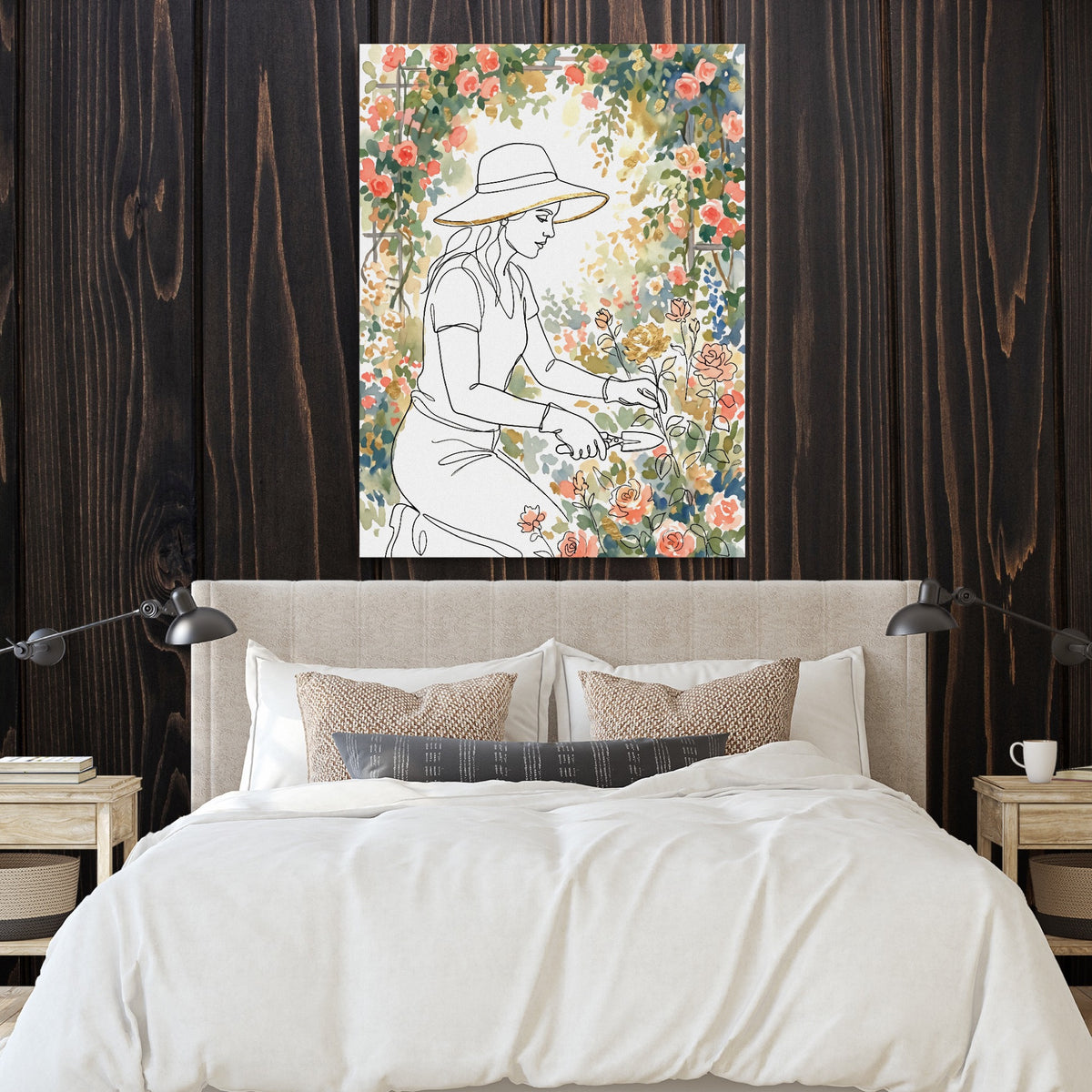 Woman Pruning Roses — woman pruning roses sq bedroom with wood walls 1port flush print