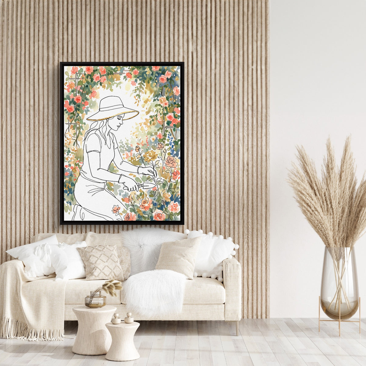 Woman Pruning Roses — woman pruning roses sq beige art room 1port framed black