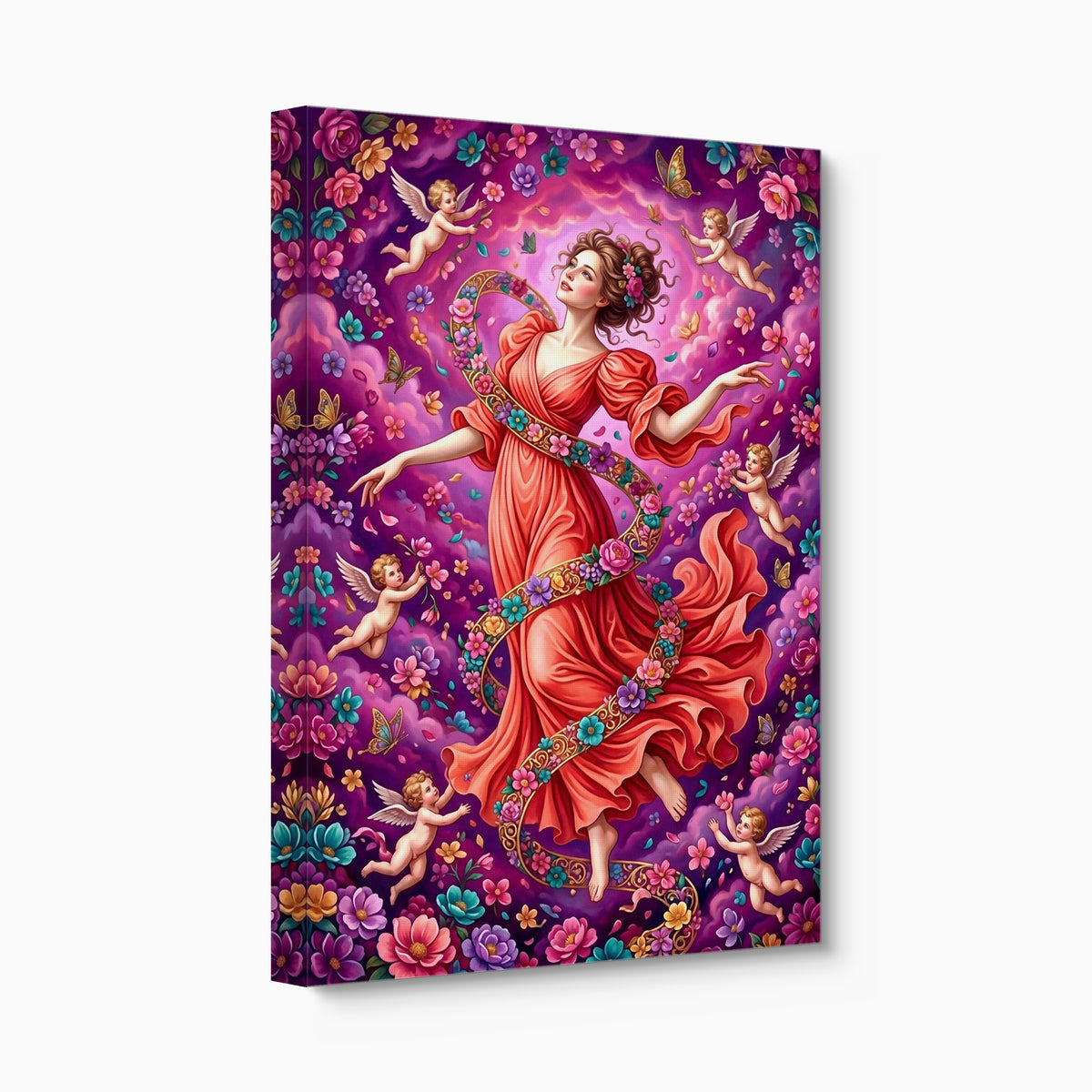 Woman Spiraling Blooms — woman spiraling blooms angled flush print
