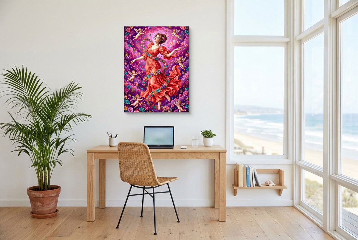 Woman Spiraling Blooms — woman spiraling blooms office space with desk chair 1port flush print