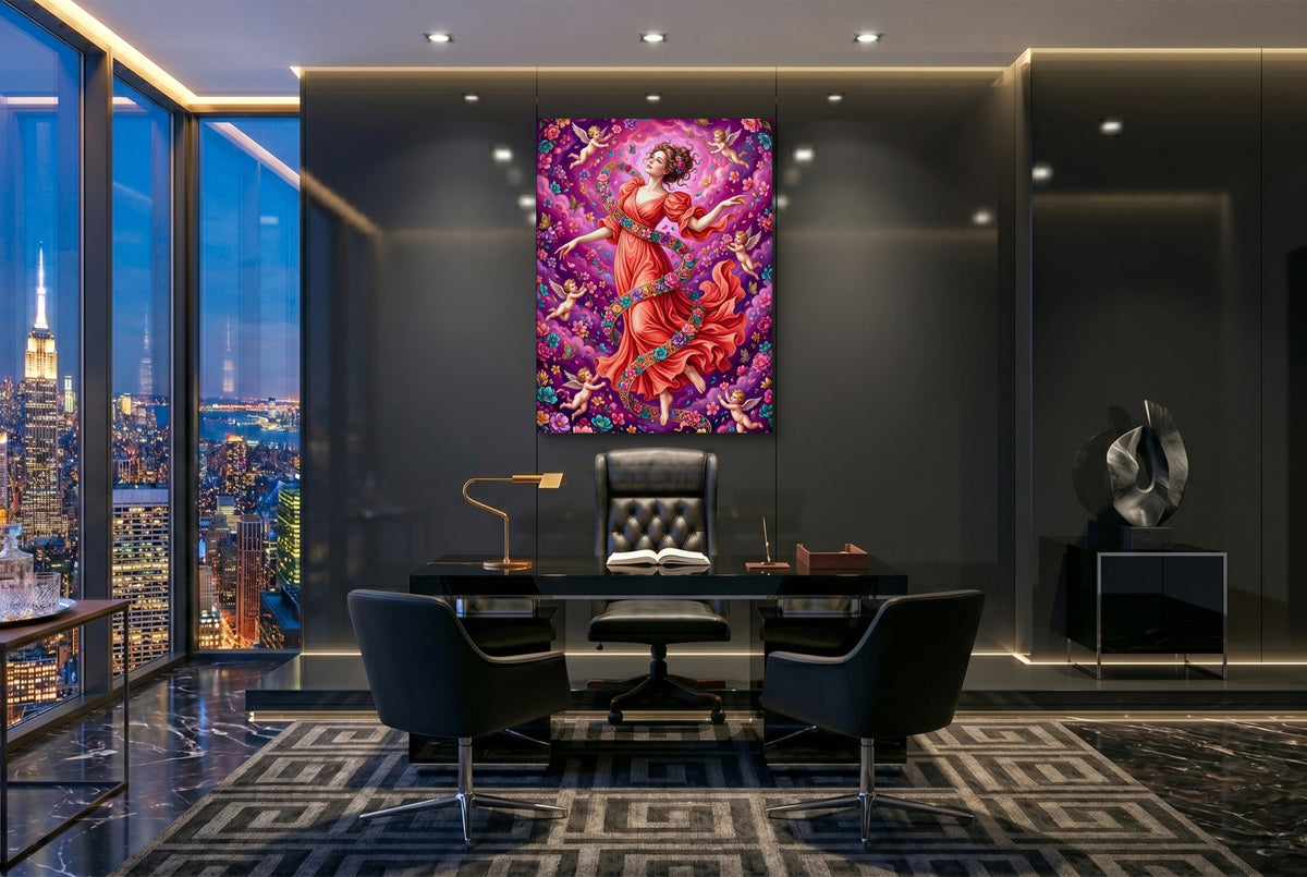 Woman Spiraling Blooms — woman spiraling blooms office with city view 3 1port flush print