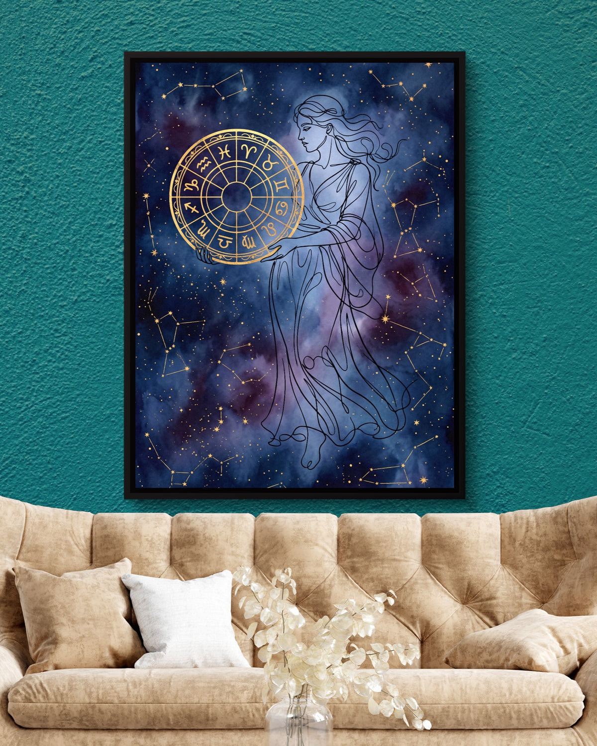 Woman Starry Zodiac — woman starry zodiac psd teal wall tan couch 1port framed black
