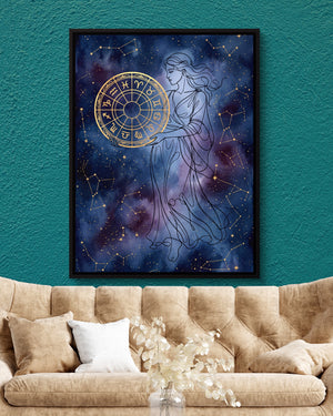 Woman Starry Zodiac — woman starry zodiac psd teal wall tan couch 1port framed black