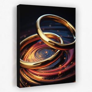 a painting of two gold rings on a black background