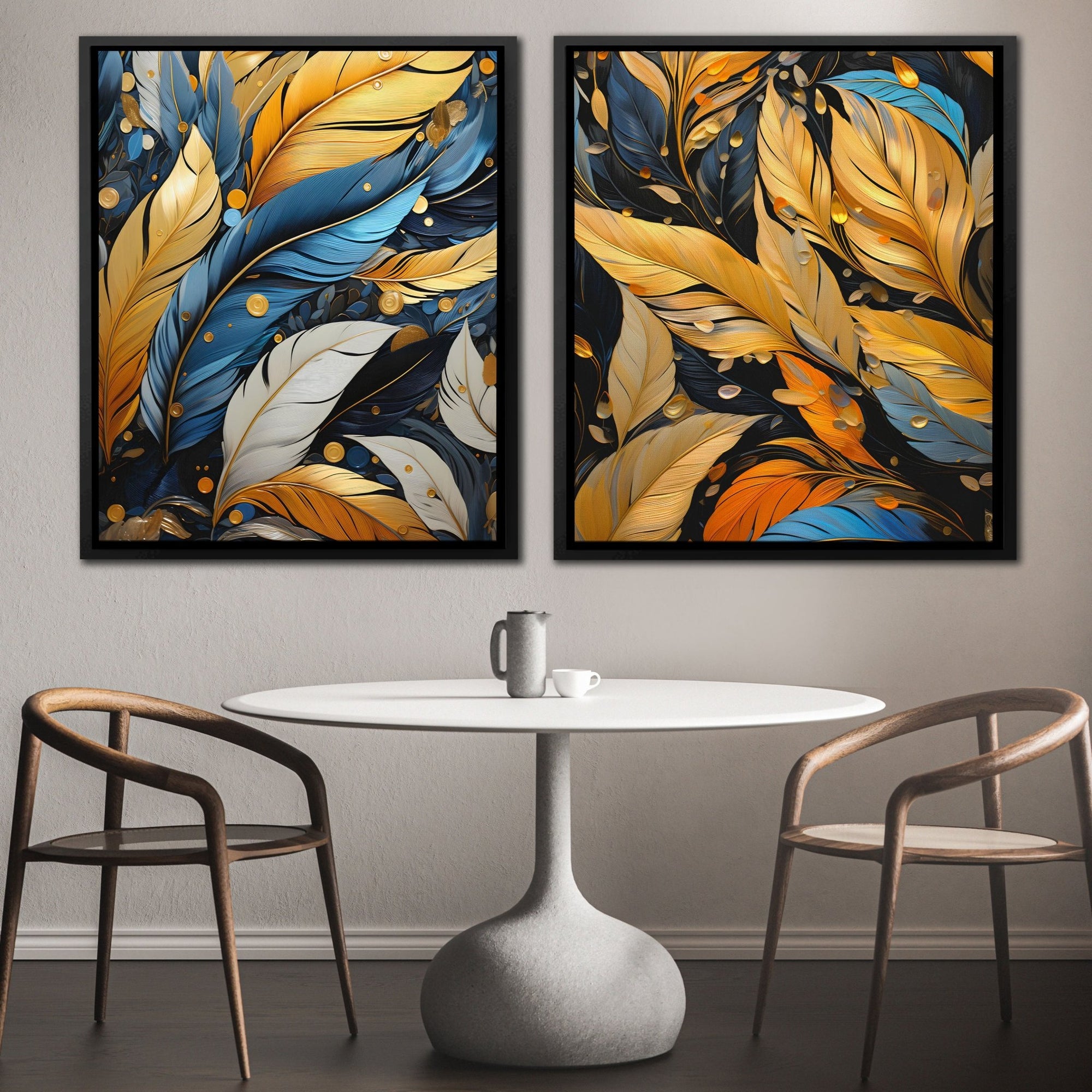 Blue and Gold Feathers (2) Set - Luxury Wall Art
