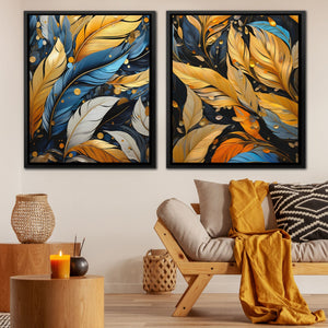 Blue and Gold Feathers (2) Set - Luxury Wall Art