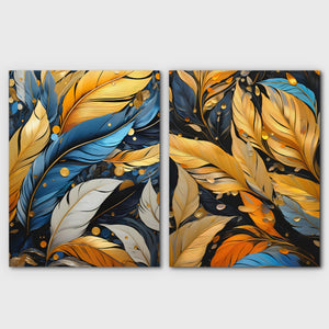 Blue and Gold Feathers (2) Set - Luxury Wall Art