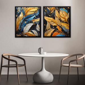 Blue and Gold Feathers (2) Set - Luxury Wall Art