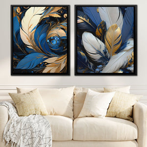 Blue and White Feathers (2) Set - Luxury Wall Art