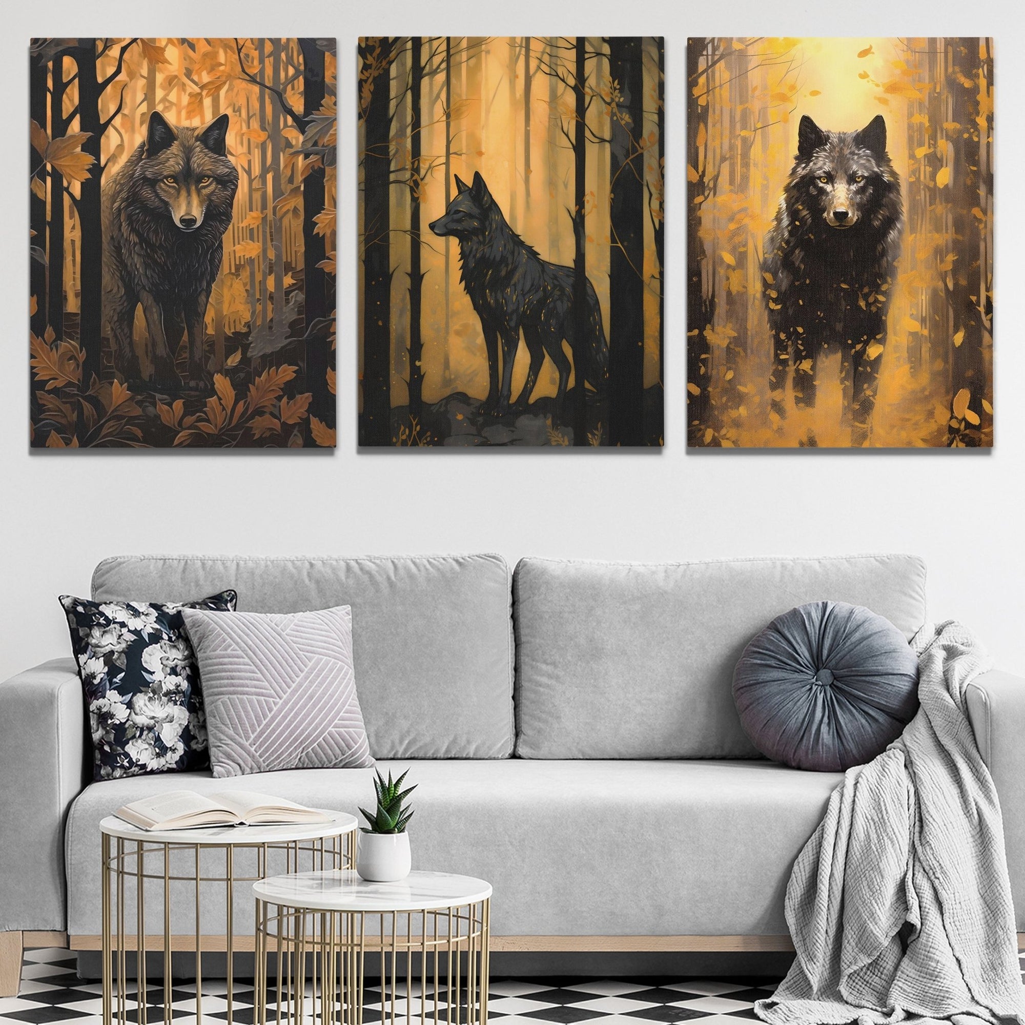 Forest Wolves in Gold (3) Set - Luxury Wall Art