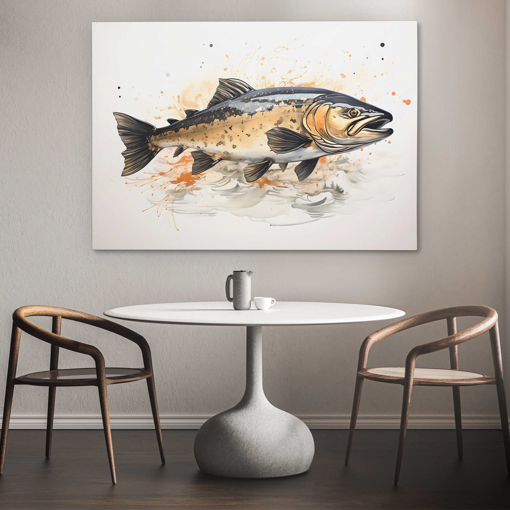 Golden Salmon Painting - Fishing Canvas Wall Artwork - Luxury Wall Art