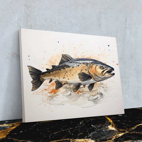 Golden Salmon Painting - Fishing Canvas Wall Artwork - Luxury