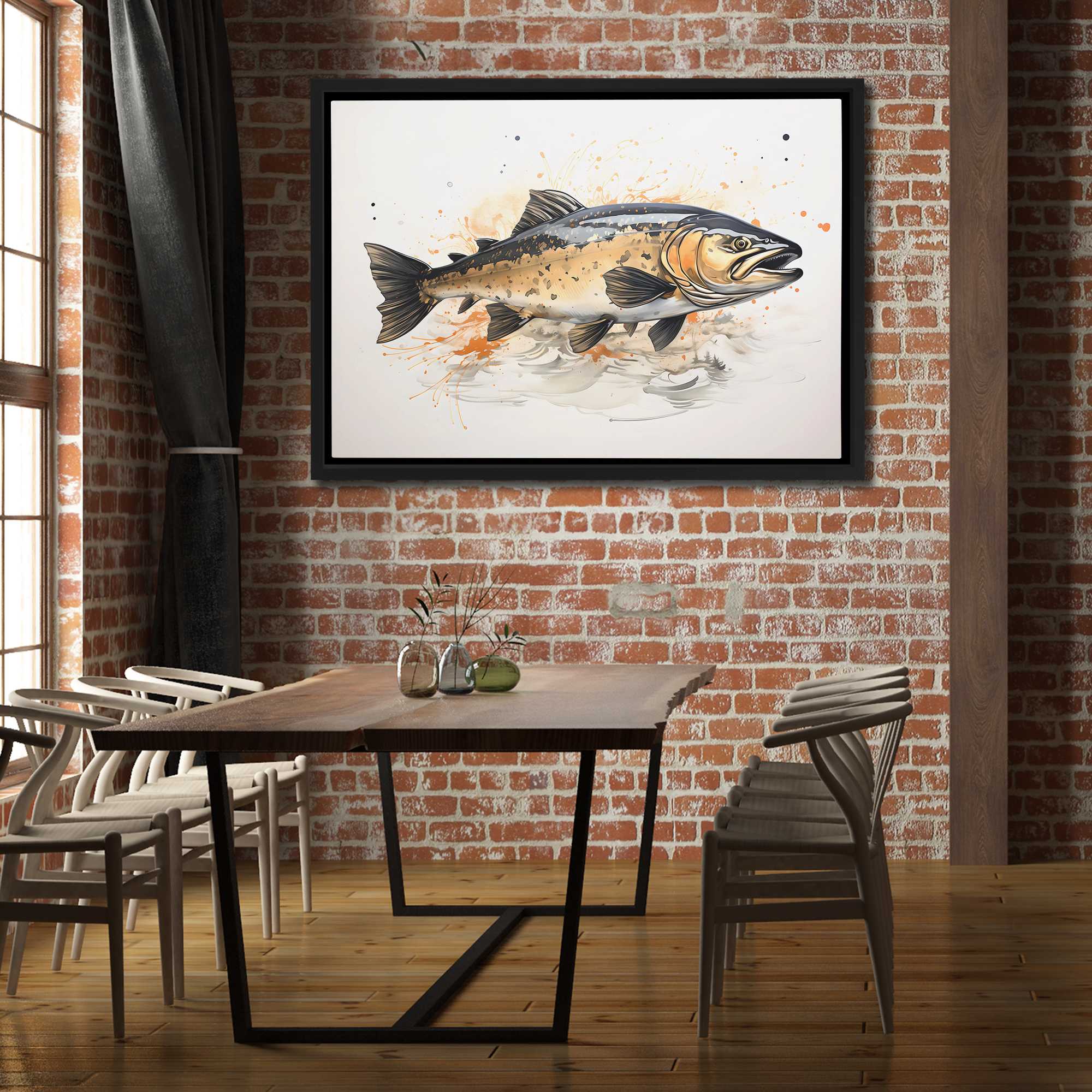 Golden Salmon Painting - Fishing Canvas Wall Artwork - Luxury Wall Art