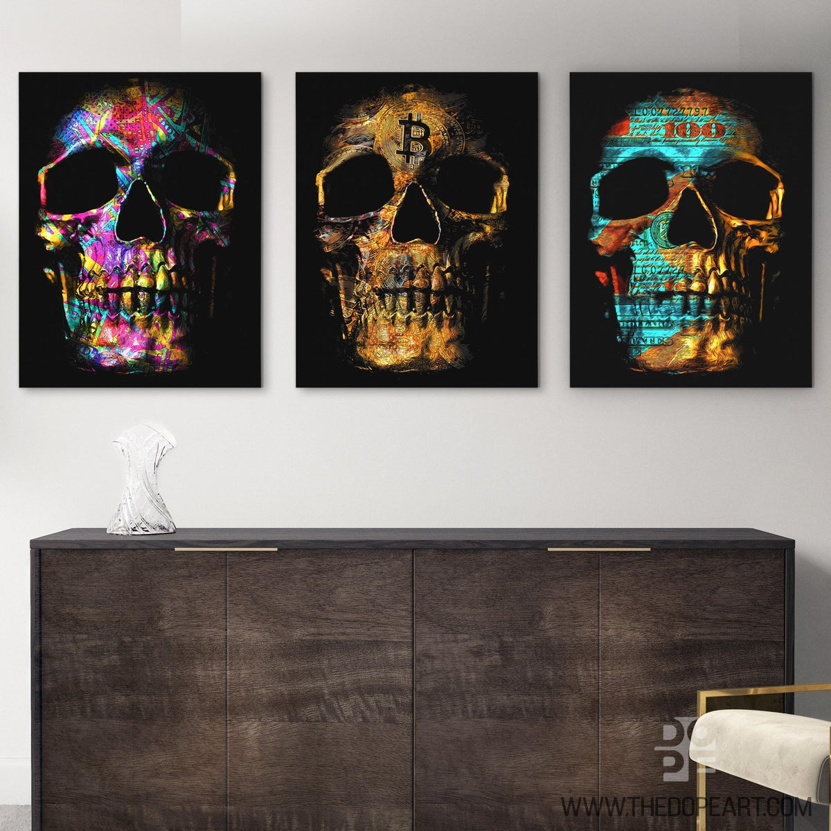 Money Skulls 3 Piece Set - Luxury Wall Art