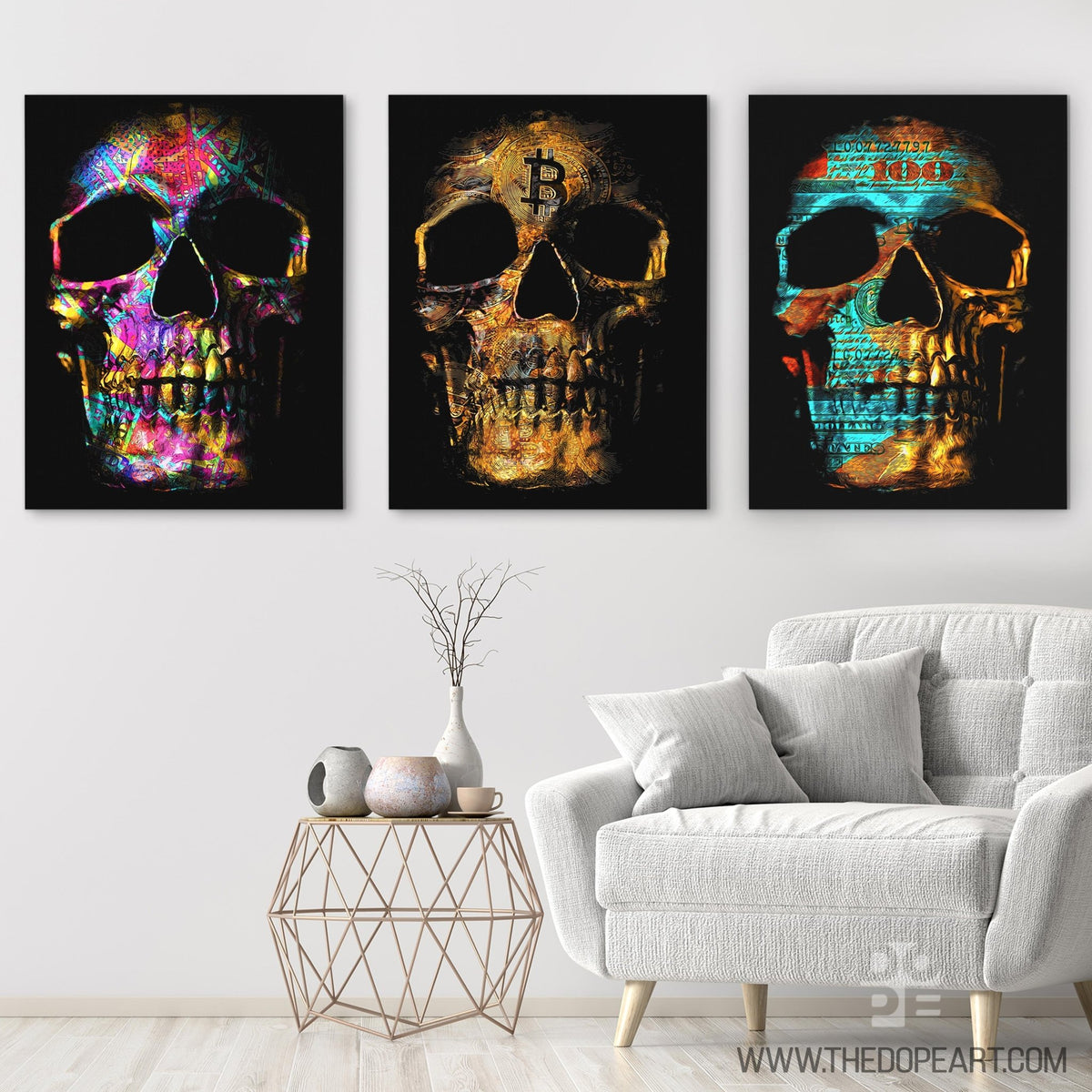 Money Skulls 3 Piece Set - Luxury Wall Art