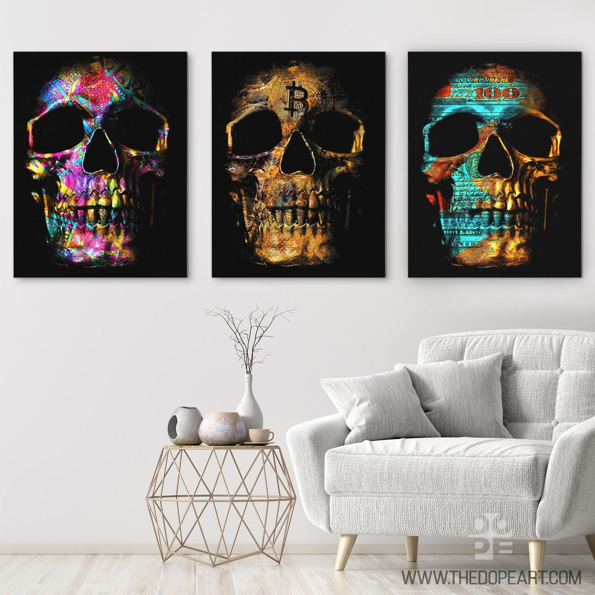 Money Skulls 3 Piece Set - Luxury Wall Art