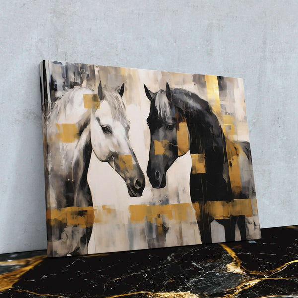 White and Black Horses in a room