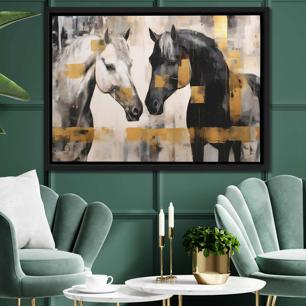 White and Black Horses in a room